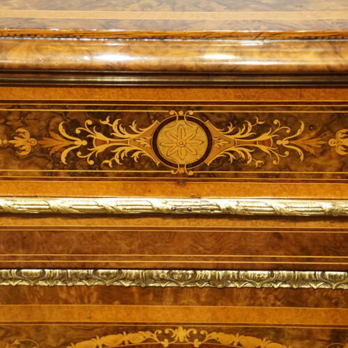 Victorian inlaid walnut flat front credenza frieze detail
