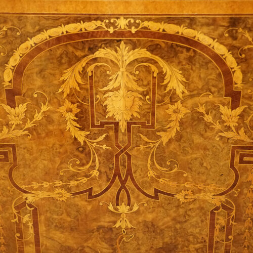 Victorian inlaid walnut flat front credenza top of panel inlay detail