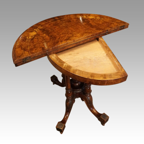 Victorian inlaid walnut demi-lune card table storage