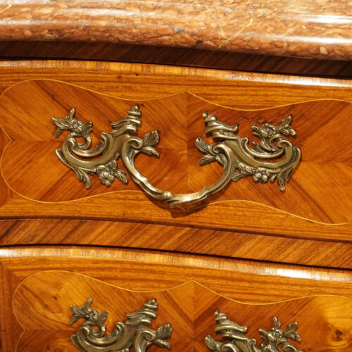 Walnut marquetry commode handle detail