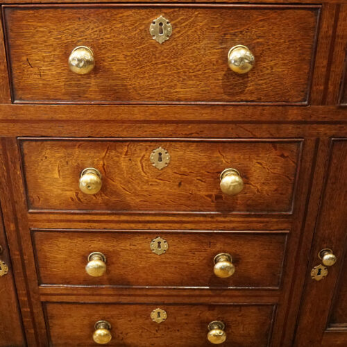 Antique oak cupboard dresser base drawers detail