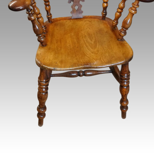 Pair of Yew wood Yorkshire broad arm chairs elm seat detail