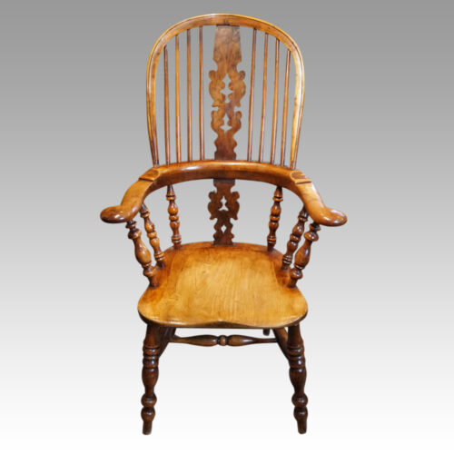 Pair of Yew wood Yorkshire broadarm chairs detail