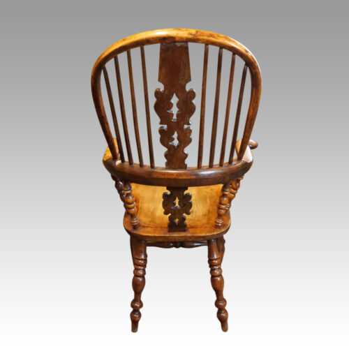 Pair of Yew wood Yorkshire broad arm chairs rear
