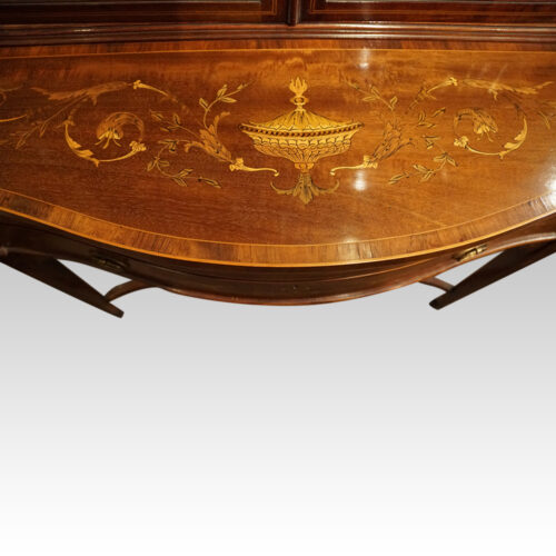 Edwardian inlaid mahogany bookcase on stand bed detail inlay