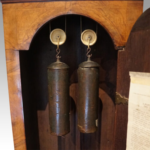 George II walnut longcase clock by Bentley London brass weights