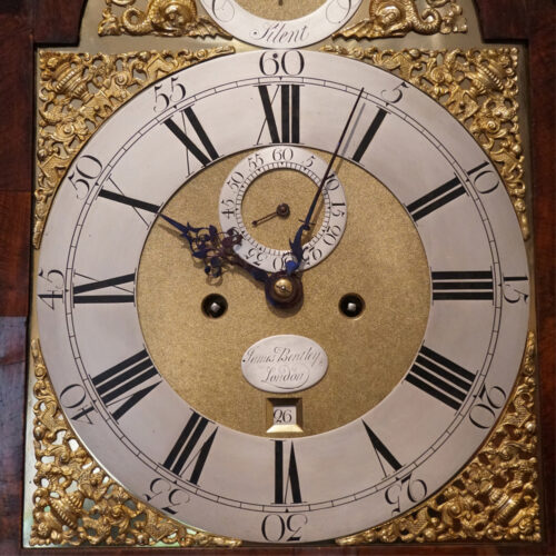 George II walnut longcase clock by Bentley London dial