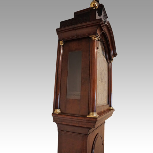 George II walnut longcase clock by Bentley London glass side hood