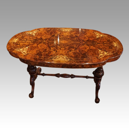 Victorian inlaid walnut shaped centre table angle