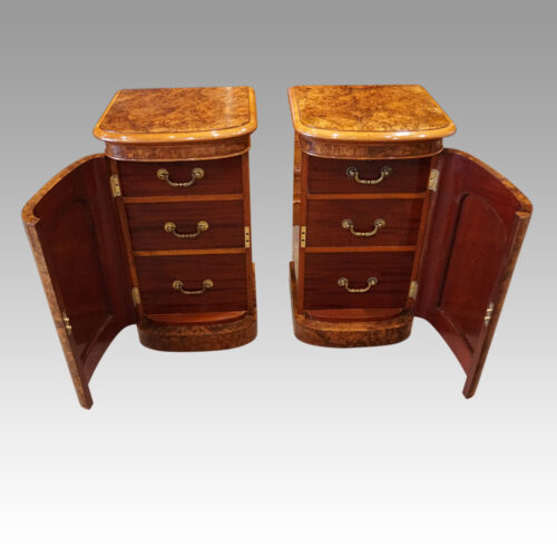 Pair Victorian walnut bow bedsides door open