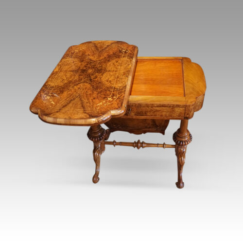 Victorian inlaid walnut backgammon sewing table half open