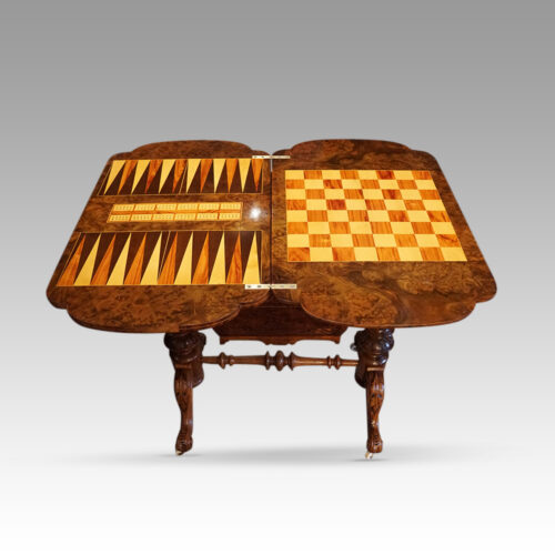 Victorian walnut backgammon worktable open
