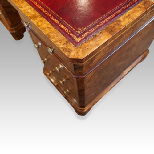 Victorian burr walnut pedestal desk corner detail