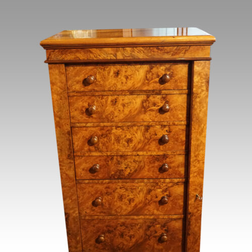 Victorian burr walnut Wellington chest front