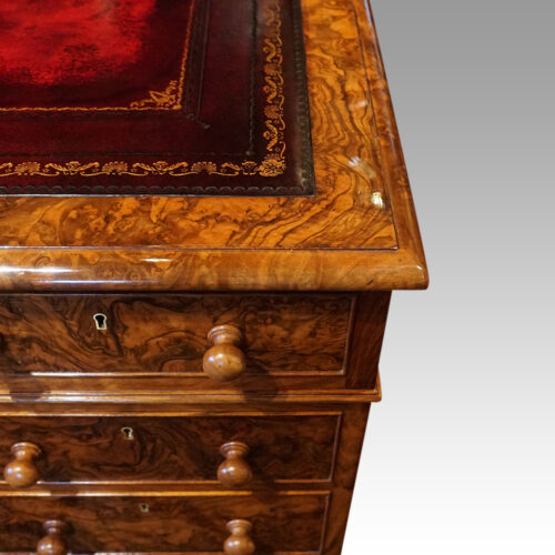 Victorian burr walnut pedestal desk corner