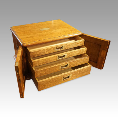 Victorian oak collectors cabinet drawers open