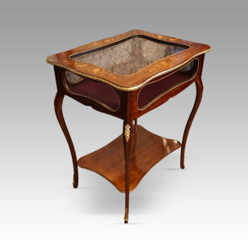 Victorian mahogany marquetry bijouterie cabinet at angle