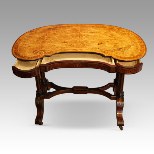 Victorian walnut kidney table drawers open