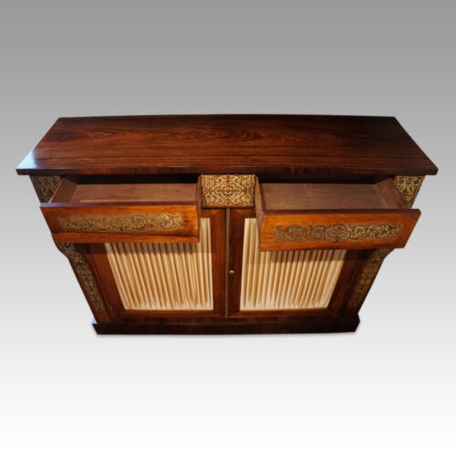 Regency brass inlaid chiffonier drawers open