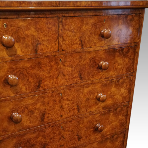 Victorian burr walnut chest of drawers front detail