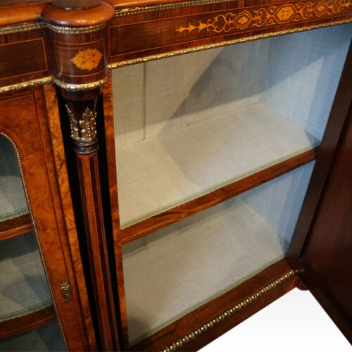 Victorian inlaid walnut credenza interior