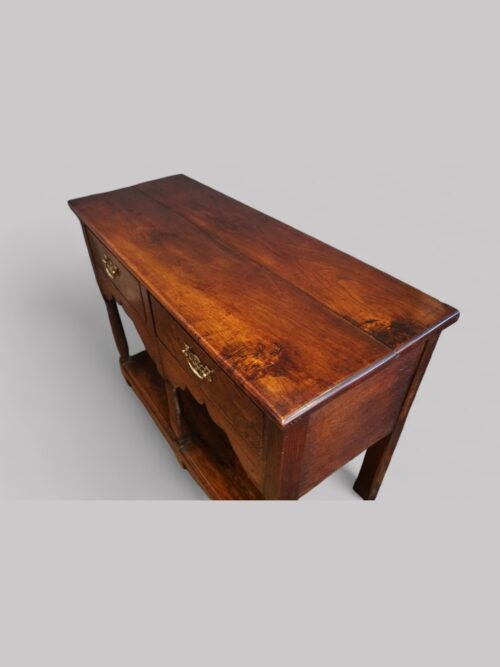 Antique oak cottage dresser base top angle