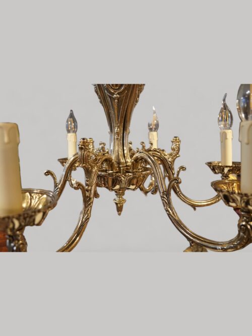 Brass cast 6 branch chandelier close up