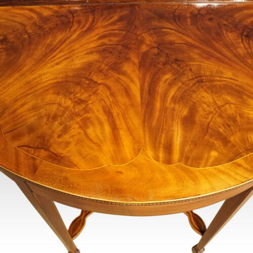 Pair of Edwardian demi-lune tables front top detail edge