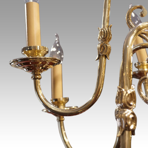 Pair of Dutch brass chandeliers arm detail