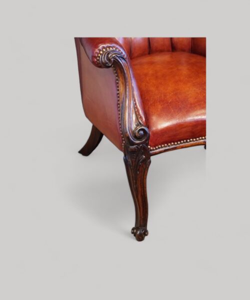 Victorian rosewood button leather library chair arm