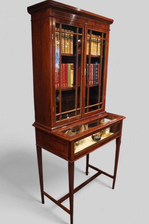 Edwardian mahogany curio cabinet and bookcase side view