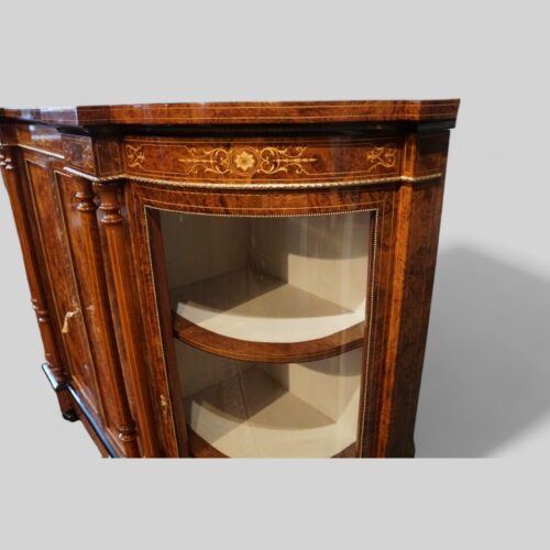 Victorian inlaid walnut credenza bow glass door