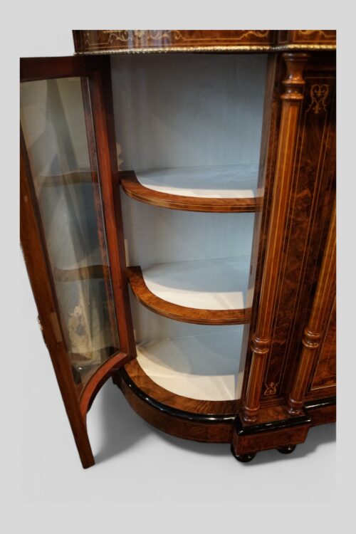 Victorian inlaid walnut credenza glazed lined interior