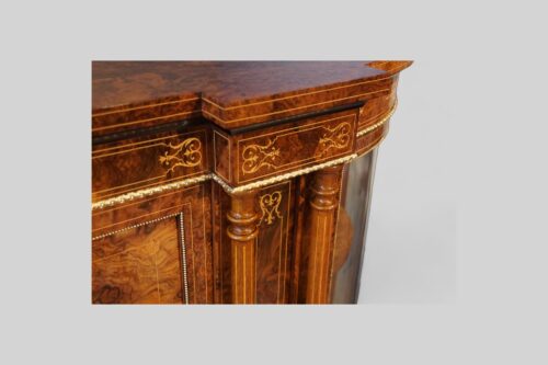 Victorian inlaid walnut credenza inlay detail