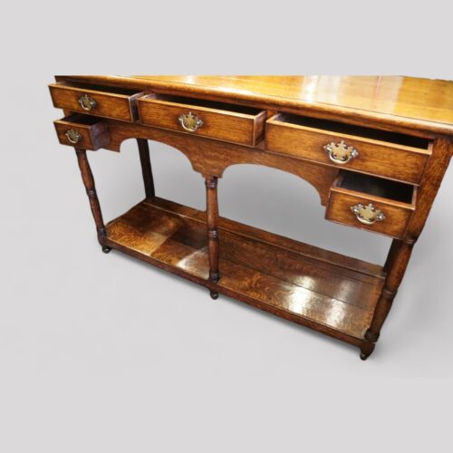 Antique oak South Wales pot board dresser drawers open