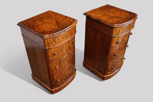 Pair of Victorian burr walnut bedside chests angle