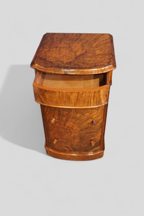 Pair of Victorian burr walnut bedside chests drawer open