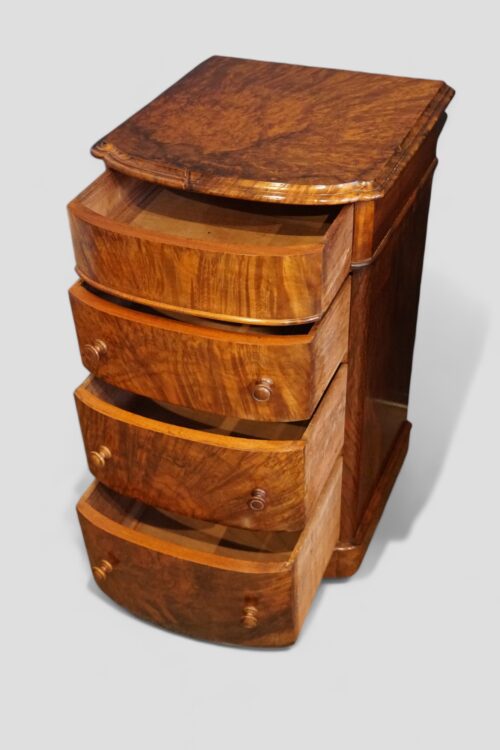 Pair of Victorian burr walnut bedside chests drawers open