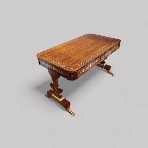 Regency brass inlaid library table angle