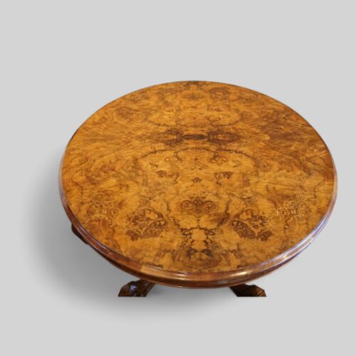 Victorian inlaid walnut basket base table top detail