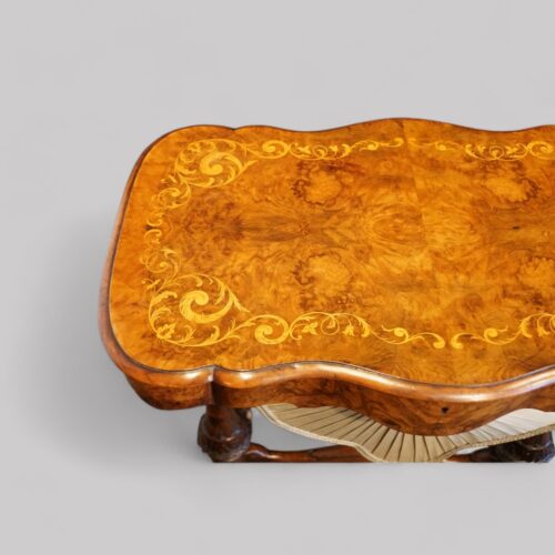 Victorian inlaid walnut sewing table top detail