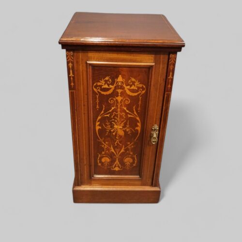 Pair Edwardian inlaid bedside cabinets front
