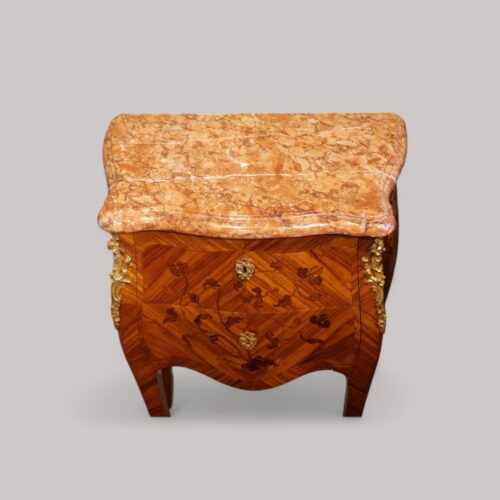Pair of French inlaid bedside chests marble top