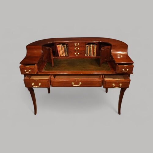 Edwardian mahogany Carlton House desk drawers open