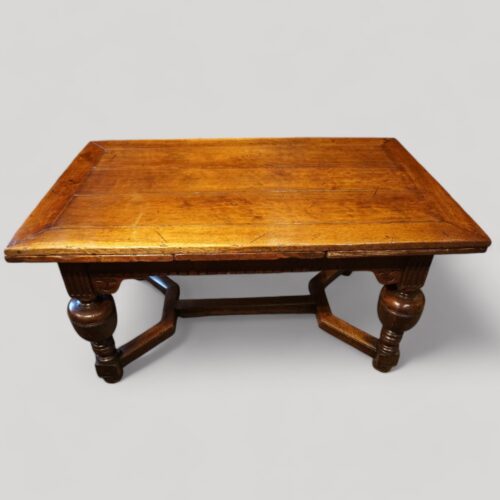 Antique oak draw leaf refectory dining table boarded top