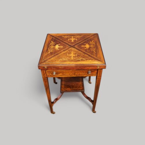 Victorian inlaid rosewood envelope card table counter cups