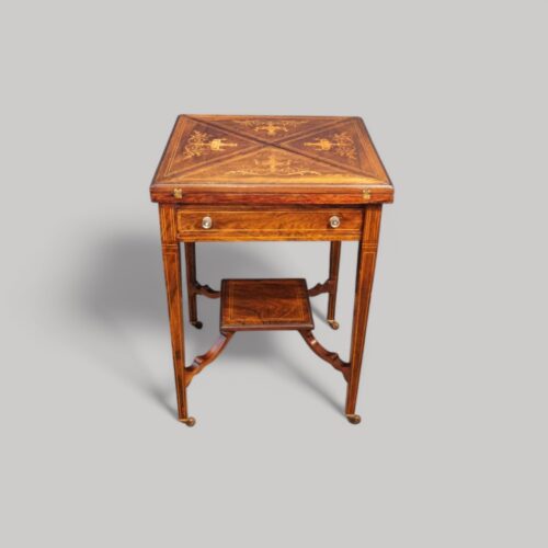 Victorian inlaiid rosewood envelope card table front