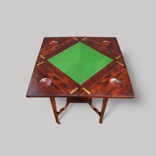 Victorian inlaiid rosewood envelope card table open