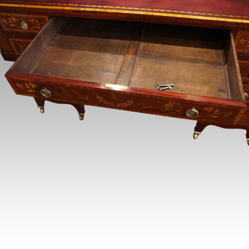 Edwardian inlaid mahogany pedestal desk drawer interior