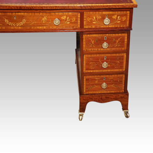 Edwardian inlaid mahogany pedestal desk drawers